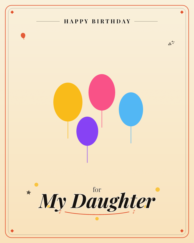 A cluster of four simple balloons, mustard yellow, hot pink, purple, and sky blue, floats against a warm cream background with a soft vignette of…, a birthday e-card design by @DittyCityTeam