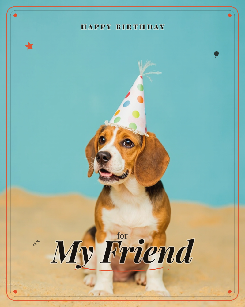 A beagle sits against a soft teal backdrop, wearing a white polka-dot party hat perched slightly askew on its head, a birthday e-card design