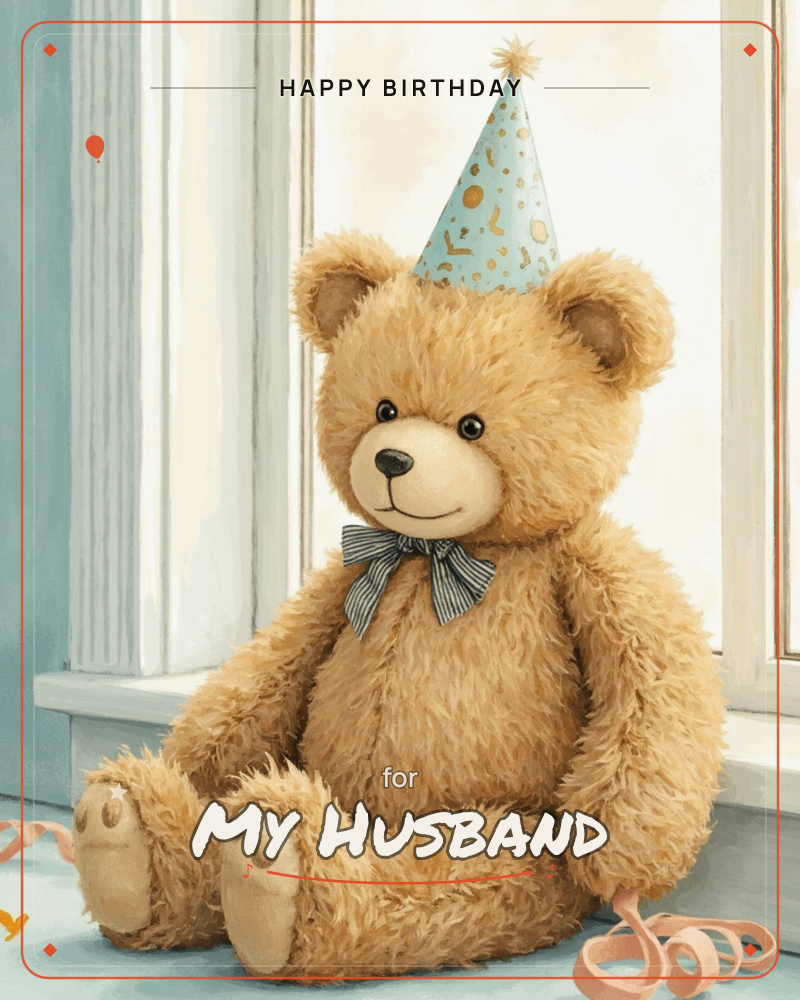 A fuzzy golden-brown teddy bear sits on a windowsill wearing a pale blue party hat dotted with gold and a striped bow tie, curls of ribbon scattered at…, a birthday e-card design