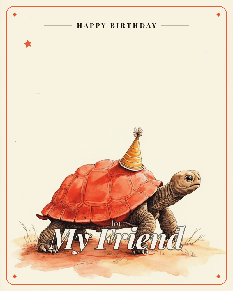 A sturdy tortoise with a glowing orange-red shell plods forward wearing a striped yellow party hat topped with a tuft of fringe, a birthday e-card design