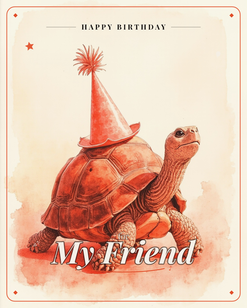 A large tortoise ambles forward wearing a tall pointed party hat with a paper tassel on top, its shell and skin rendered in warm coral-orange tones…, a birthday e-card design