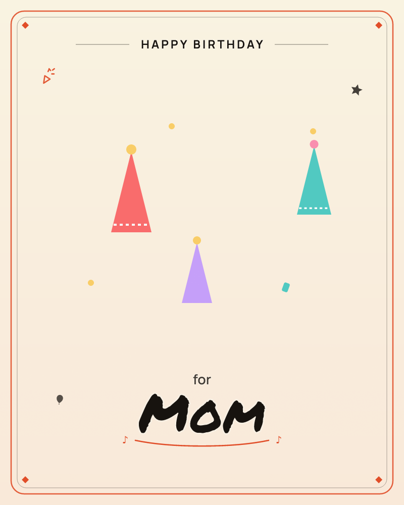 A cream-coloured card scattered with three simple party-hat triangles in red, purple, and teal, each topped with a small dot like a tiny pompom, a birthday e-card design by @DittyCityTeam