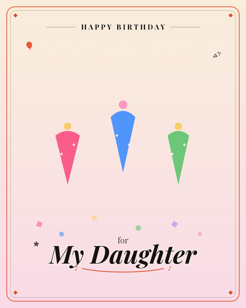 Three simple cone-shaped figures in pink, blue and green stand in a row against a soft blush gradient background, each topped with a round head-dot in…, a birthday e-card design by @DittyCityTeam