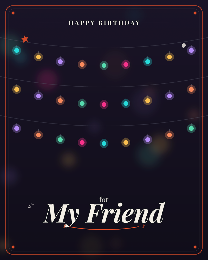 Three strands of festive fairy lights curve gently across a deep midnight background, each bulb glowing in turquoise, gold, purple, orange, coral and pink, a birthday e-card design by @DittyCityTeam