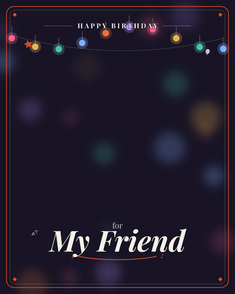A string of coloured fairy lights hangs across the top of a deep night-blue background, each bulb glowing in red, gold, teal, purple and blue, a birthday e-card design by @DittyCityTeam
