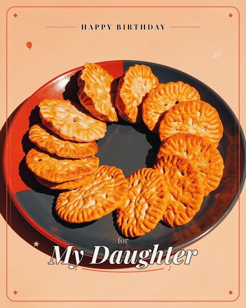 A dark plate with a rust-red rim holds a ring of golden pastry crescents, their crimped edges catching bright, direct sunlight against a soft peach…, a birthday e-card design