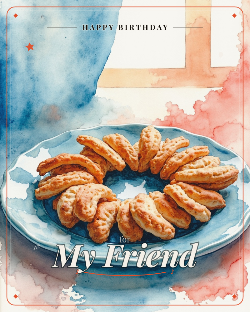 A blue scalloped-edge plate holds a ring of golden, crescent-shaped pastries, arranged like a wreath, a birthday e-card design