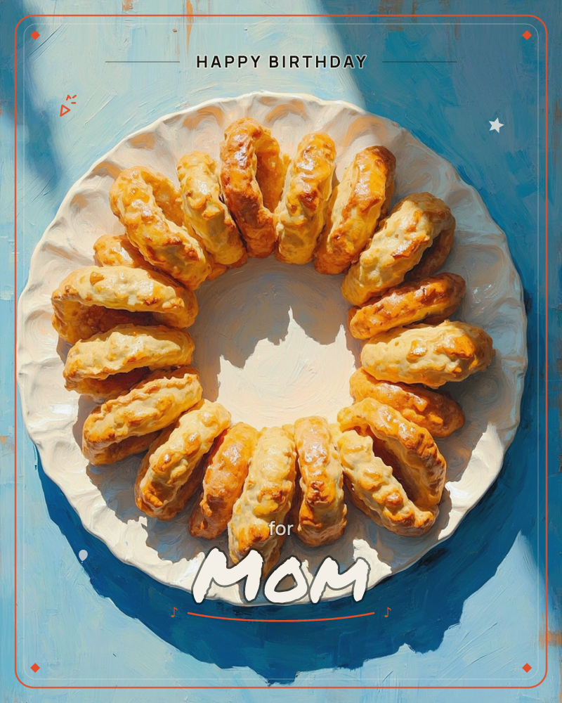 A ring of golden, flaky pastries is arranged on a scalloped white plate, viewed straight from above, a birthday e-card design