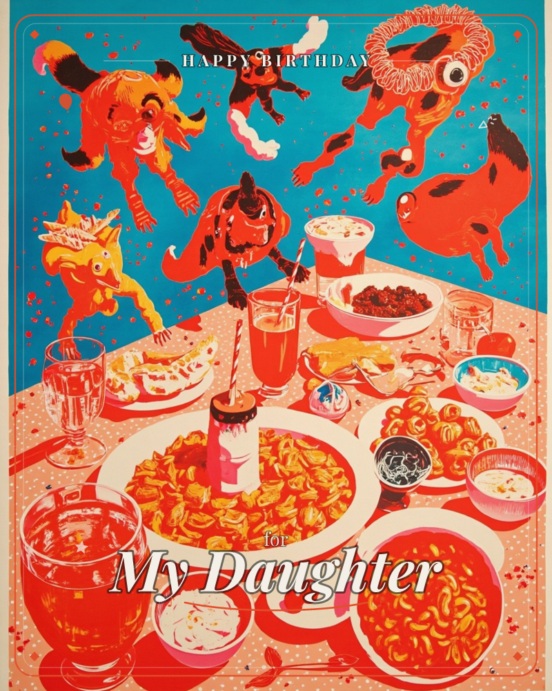 A polka-dotted tablecloth groans under a spread of pasta, dips, sandwiches and drinks in hot reds and oranges, while a pack of surreal orange dog-like…, a birthday e-card design