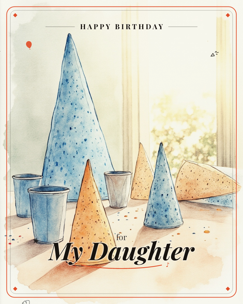 A tabletop scattered with speckled blue and gold party hats standing upright like little cones, alongside a few metallic paper cups and scattered confetti, a birthday e-card design