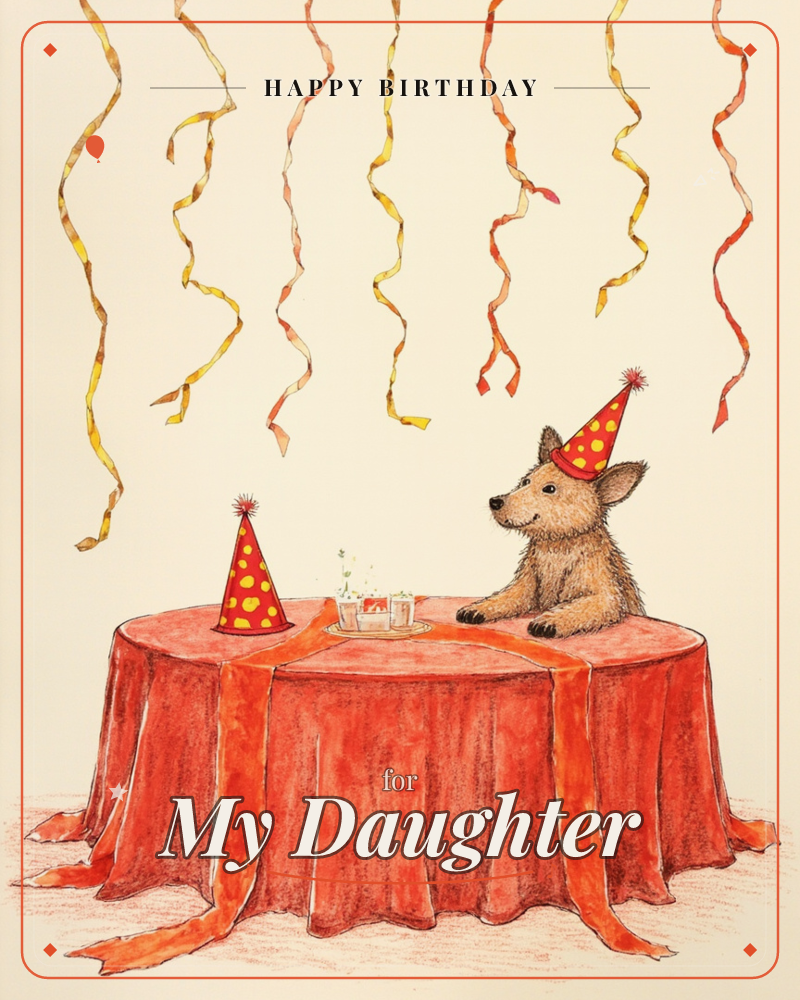 A shaggy little dog in a red polka-dot party hat rests its paws on a round table draped in a red cloth, waiting beside a small lit cake and a spare…, a birthday e-card design