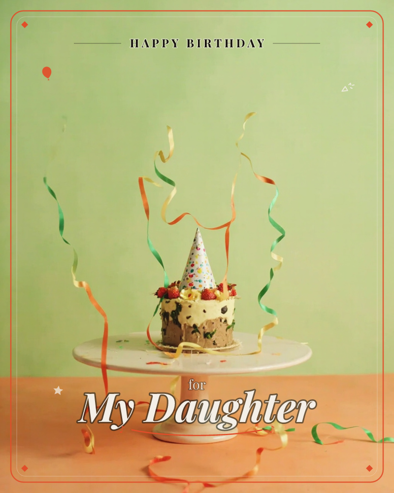 A small round cake topped with a polka-dot party hat and fresh strawberries sits on a white pedestal stand, set against a soft green wall and peachy…, a birthday e-card design