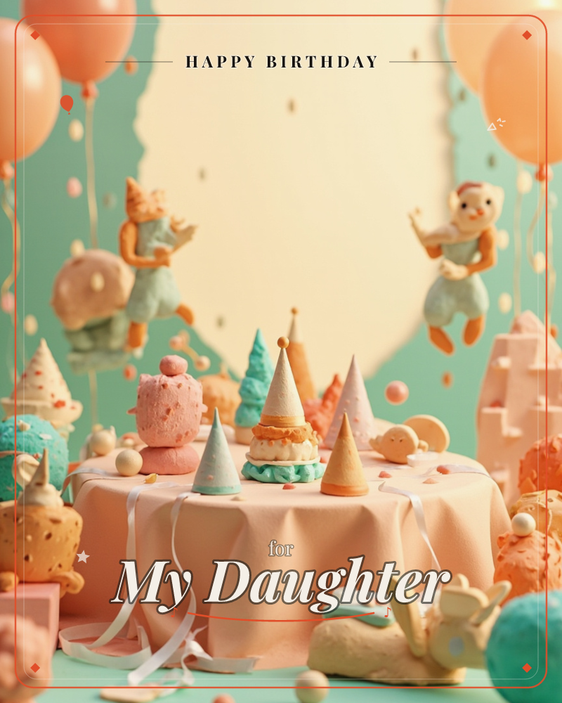 A whimsical tabletop birthday scene rendered like sculpted clay, with peach and mint balloons floating above a table crowded with cone-shaped party…, a birthday e-card design