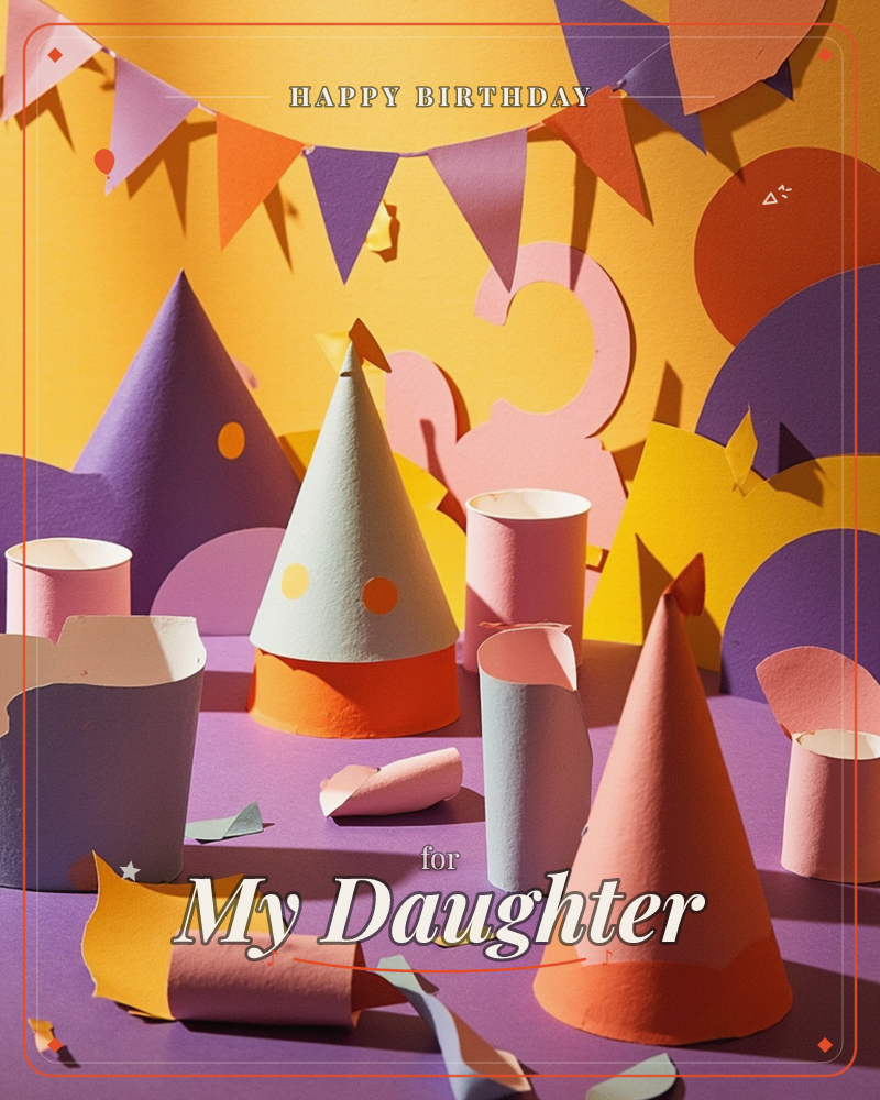 A tabletop birthday scene built entirely from paper: cone party hats, cardboard cups, and cut-out bunting are arranged against a sunny yellow backdrop…, a birthday e-card design