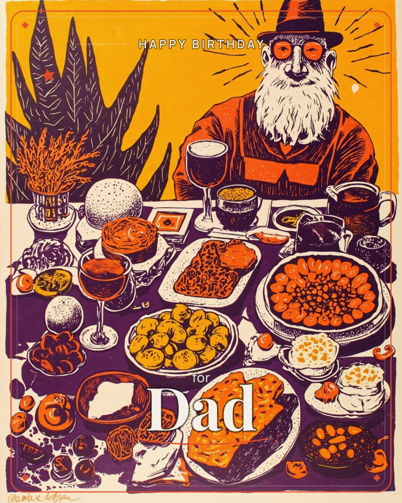A bold linocut-style illustration shows a bearded man in a wide-brimmed hat and round orange glasses seated behind a table piled high with food:…, a birthday e-card design