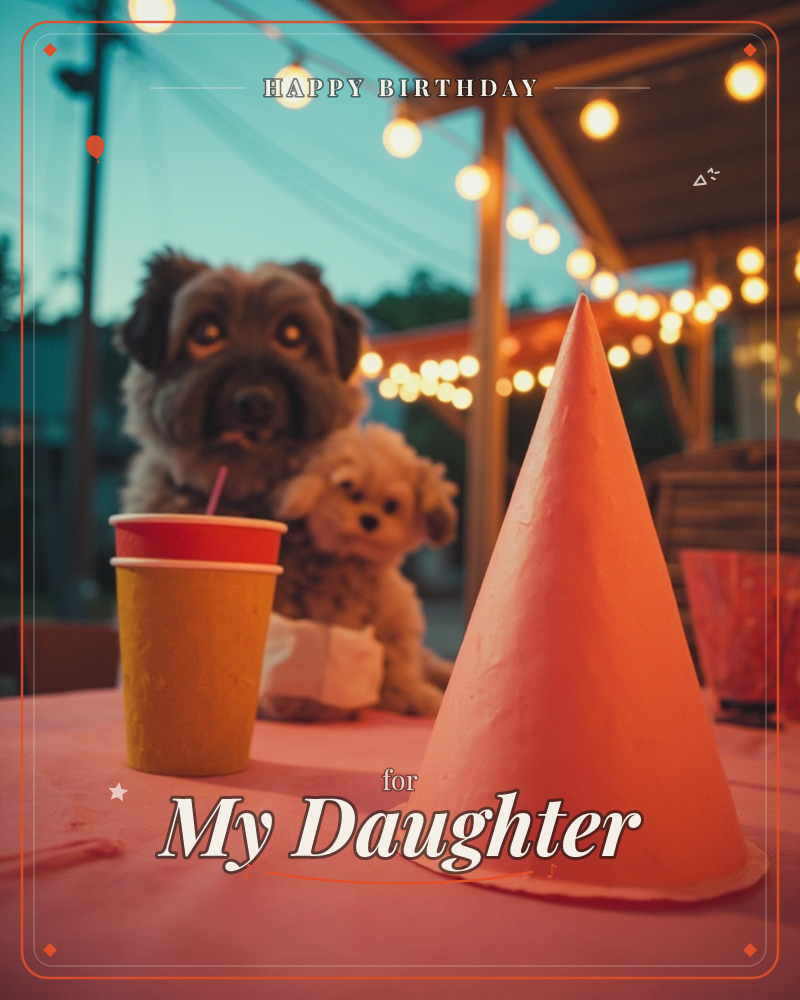 A pink-clothed table is set for an evening celebration, with a bright orange party hat and a mustard cup with a straw in the foreground, while two…, a birthday e-card design