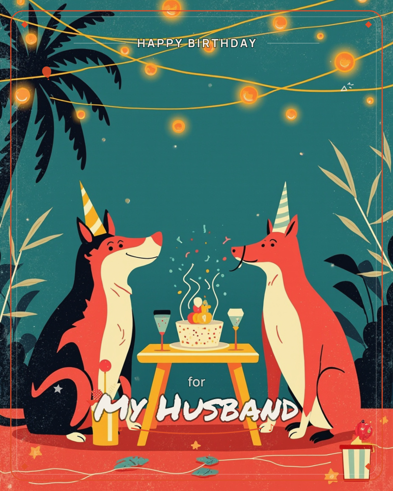 Two fox-like animals in party hats face each other over a small wooden table topped with a candlelit cake and two champagne glasses, a confetti popper…, a birthday e-card design