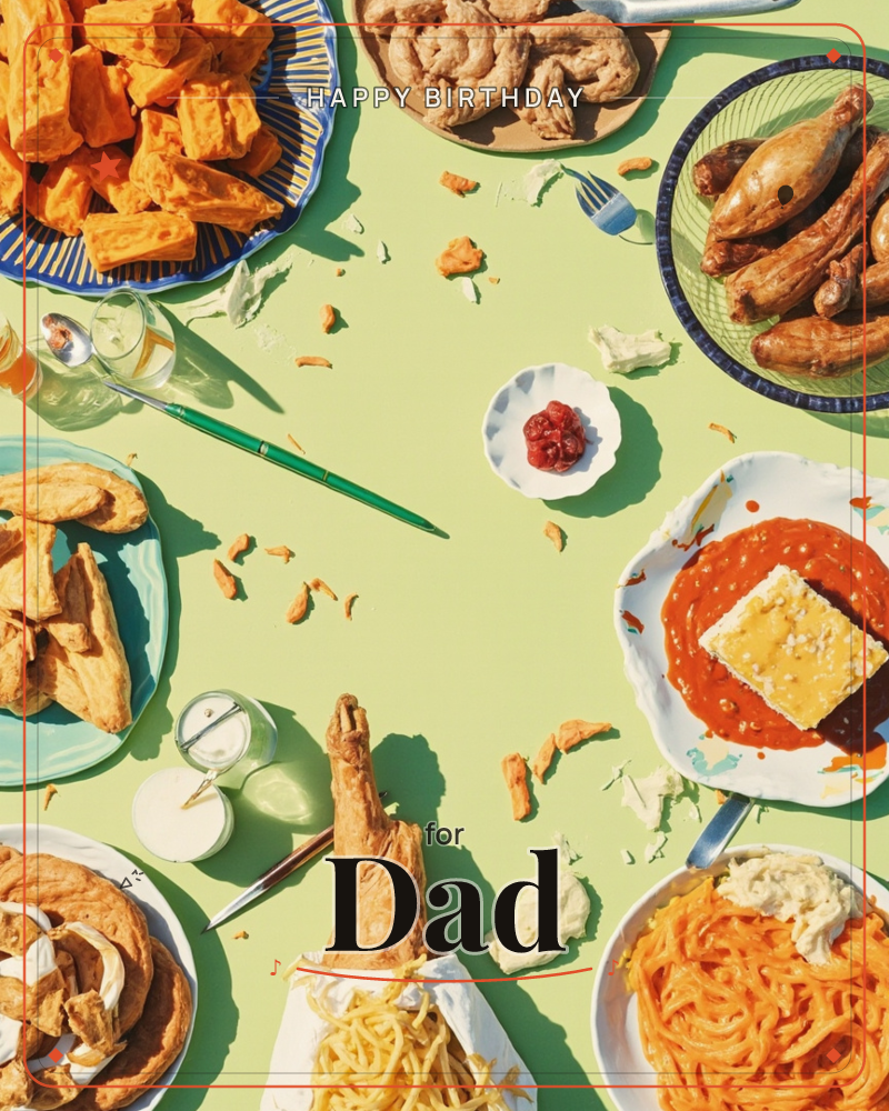 A picnic table is seen from directly above, scattered with plates of fried chicken, pastries, tortilla wedges, and a dish of cheese swimming in red…, a birthday e-card design