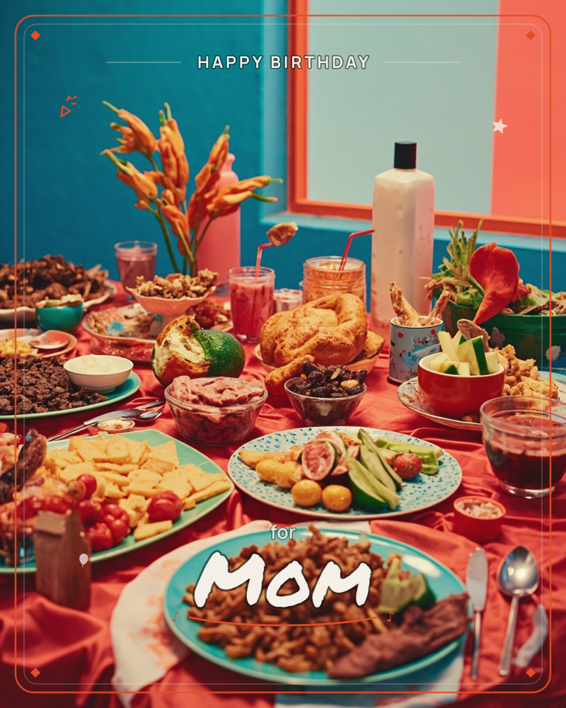 A festively spread table is loaded with an abundant feast, bread rolls, shredded meats, fruit plates, dips, drinks with straws, and orange…, a birthday e-card design