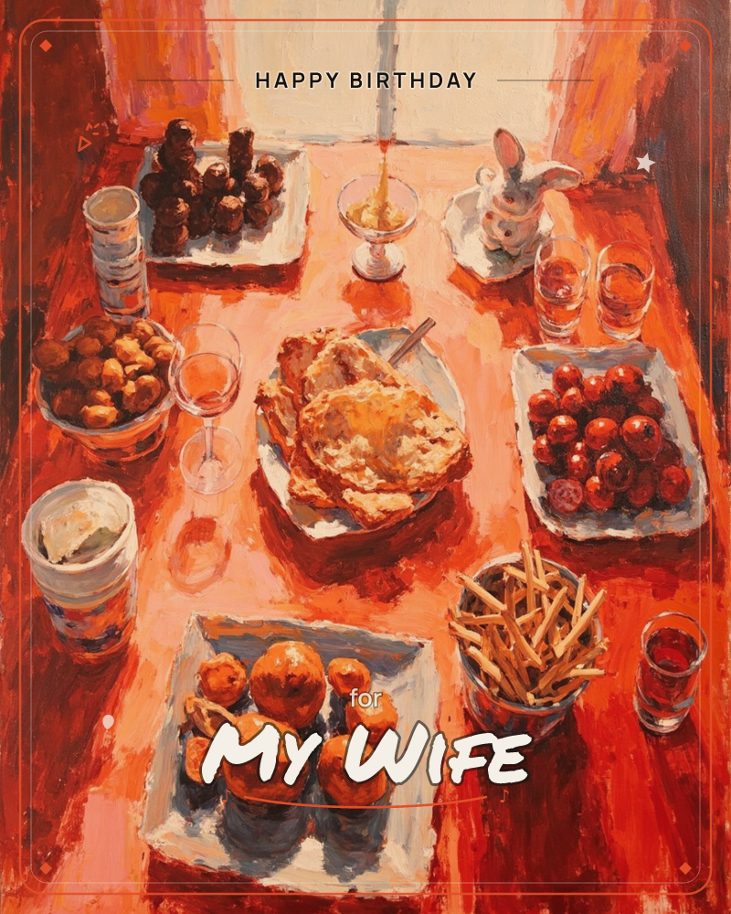 A richly painted still life shows a table draped in warm red, laden with plates of pastries, cherries, flatbread, breadsticks, and a small jug catching…, a birthday e-card design