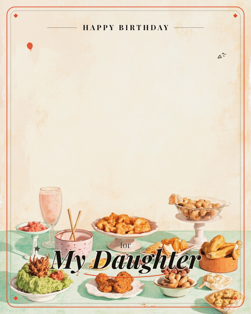 A festive spread is laid across a sage-green tablecloth: a coupe glass of pink sparkling wine, breadsticks in a speckled pink bowl, roasted potatoes on…, a birthday e-card design