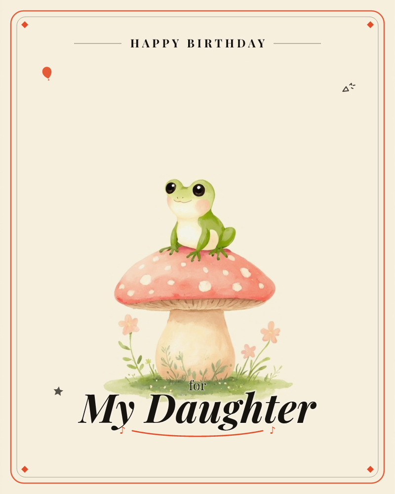 A round-eyed green frog perches contentedly on top of a red-and-white spotted toadstool, its cream belly catching the soft light, a birthday e-card design