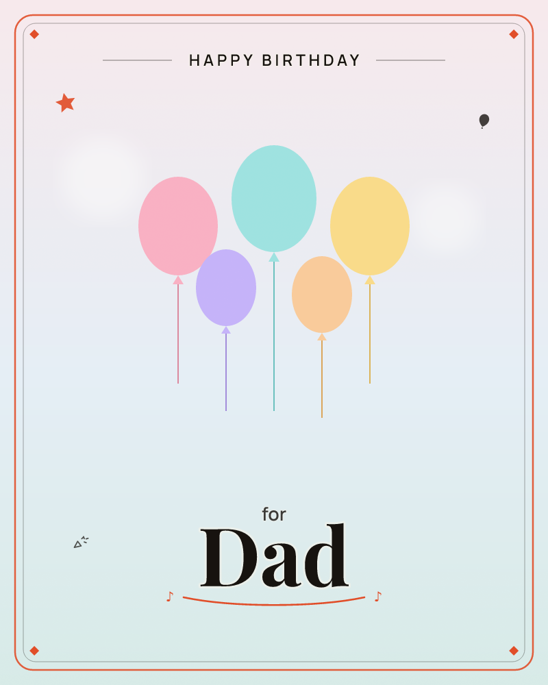 Five pastel balloons float in a cluster against a soft, hazy gradient backdrop that shifts from mauve at the top to pale blue and grey below, a birthday e-card design by @DittyCityTeam