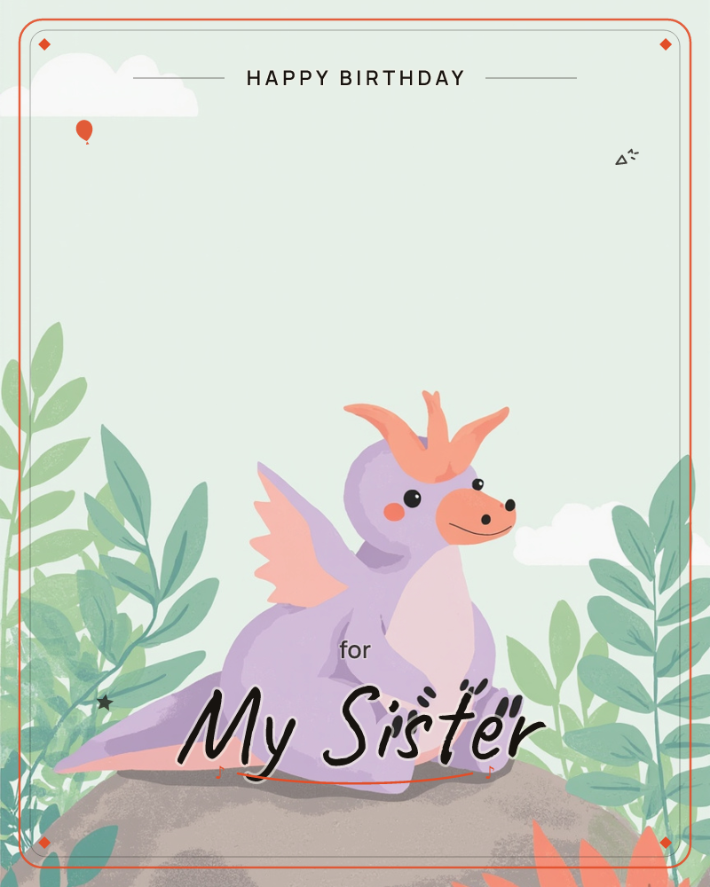 A round, smiling purple dragon with coral wings and a crest sits on a rock, surrounded by tall green leaves and a soft mint-green sky with a few white…, a birthday e-card design