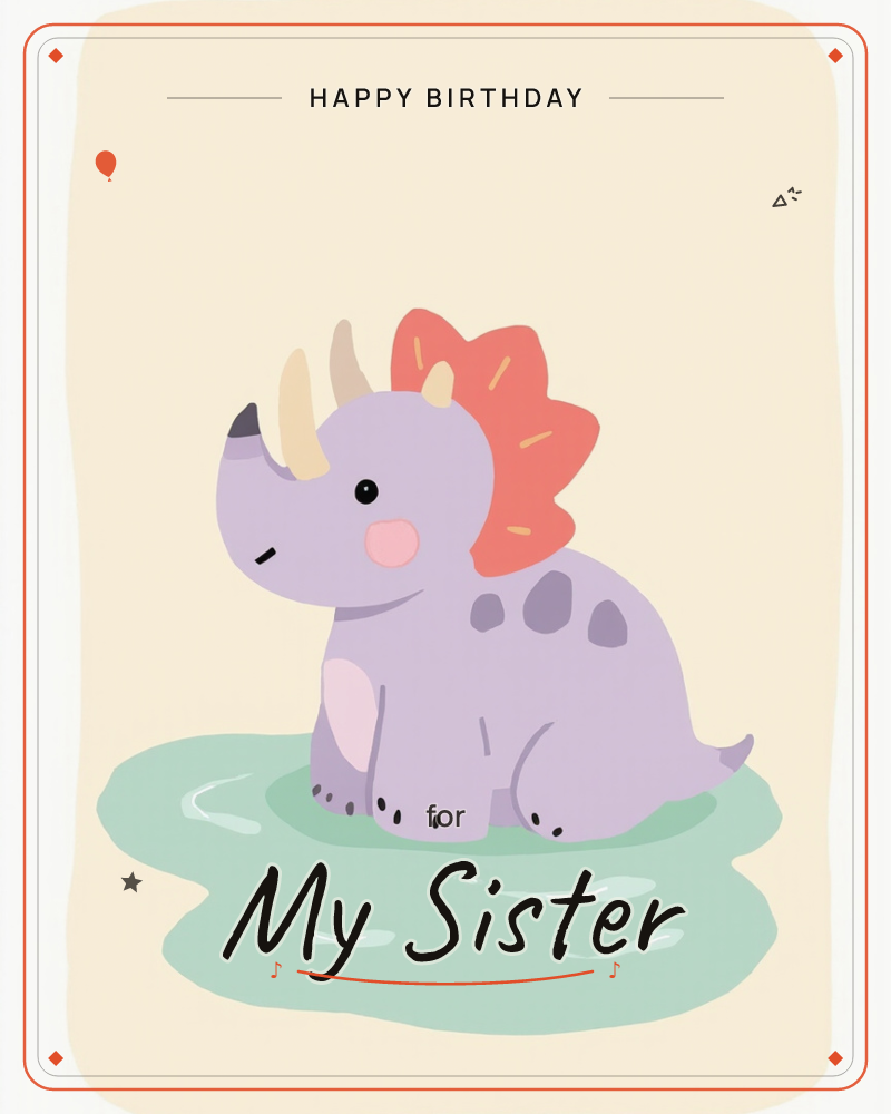 A round, friendly triceratops in soft lavender sits in a shallow puddle of seafoam-green water, its coral-pink frill fanned out behind its head, a birthday e-card design