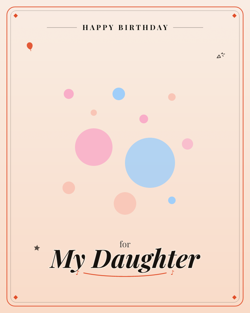 A soft peachy background is scattered with simple flat circles in pink, blue, and coral, varying in size like bubbles or confetti drifting at random, a birthday e-card design by @DittyCityTeam