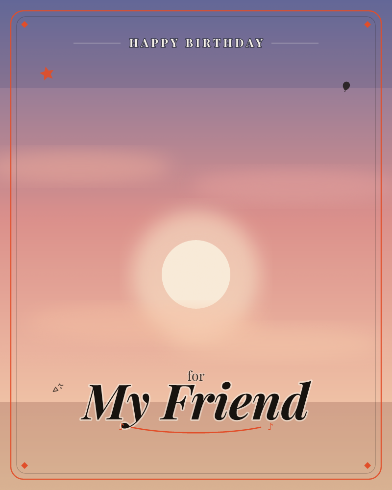 A soft glowing sun hangs low over a flat horizon, its warm light dissolving into a sky that shifts from deep dusky navy above to blushing pink and…, a birthday e-card design by @DittyCityTeam