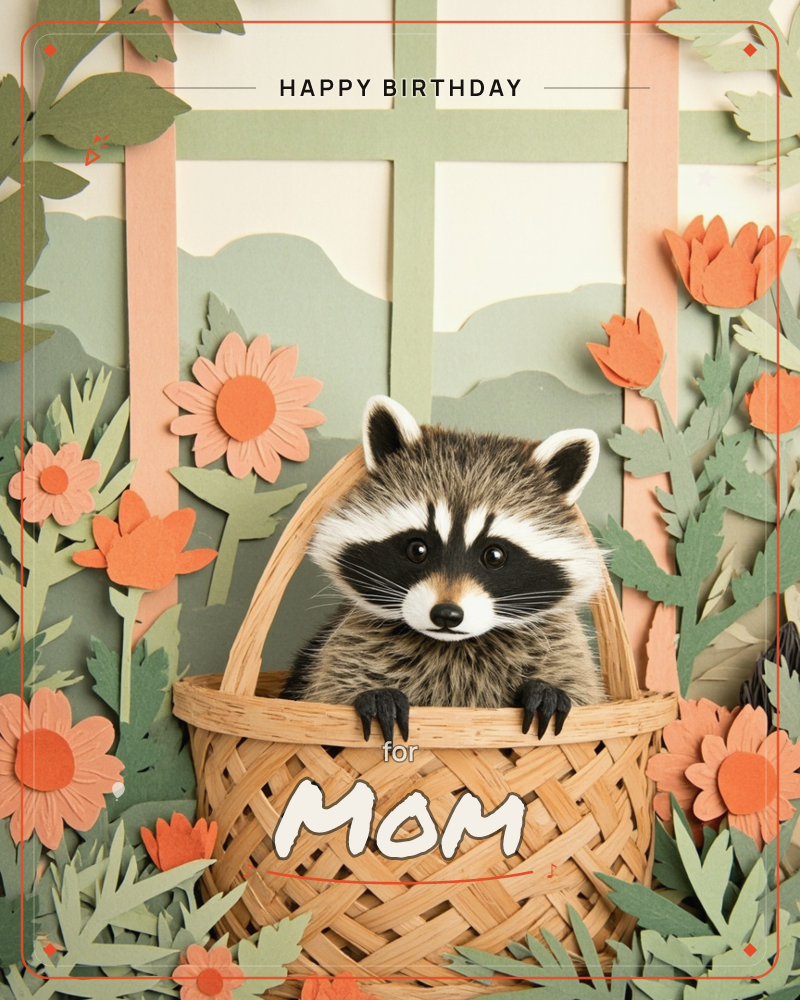 A curious raccoon peers out from a woven wicker basket, its paws gripping the rim, set against a paper-cut garden scene of layered sage hills and a…, a birthday e-card design