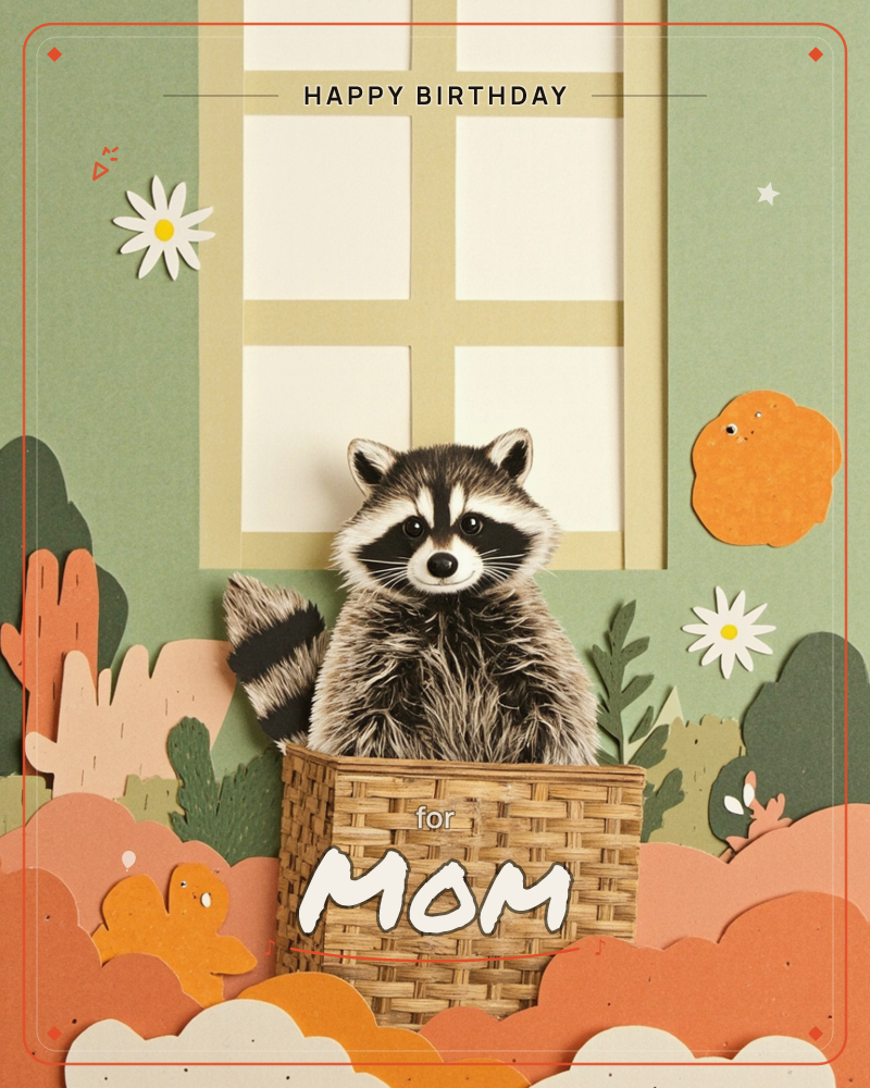 A fluffy raccoon sits inside a woven basket beneath a paned window, set against a layered paper-craft backdrop of soft green walls, orange blob-like…, a birthday e-card design