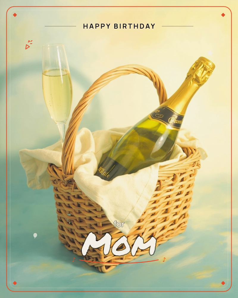 A woven picnic basket lined with a cream cloth cradles a bottle of sparkling wine, its gold foil catching the light, while a filled champagne flute…, a birthday e-card design