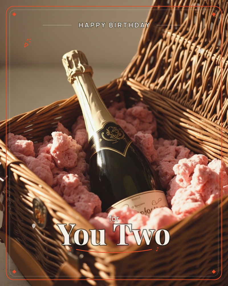 A dark glass champagne bottle with a gold-lettered label rests nestled in a woven wicker hamper, cushioned by crinkled pink packing paper, a birthday e-card design