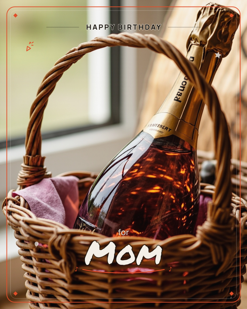 A photograph of a rosé champagne bottle nestled in a woven wicker basket beside a soft pink cloth, its gold foil neck catching warm light near a sunlit…, a birthday e-card design