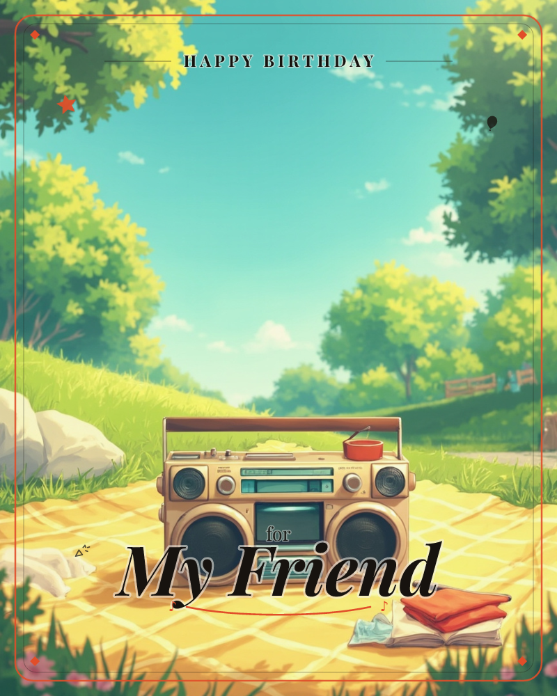 A vintage boombox sits on a checkered picnic blanket in a sunny park clearing, its antenna up and dials glowing softly, a birthday e-card design