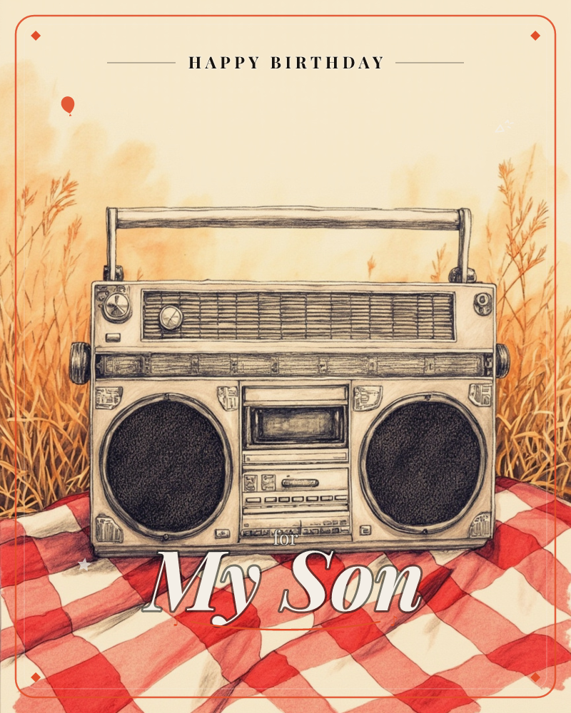 A vintage boombox with twin round speakers and a cassette deck sits on a red-and-white checked picnic blanket, tall dry grasses swaying behind it under…, a birthday e-card design