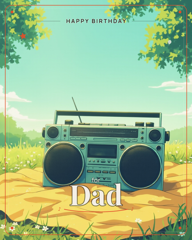 A vintage boombox with twin speakers and a raised antenna sits on a golden blanket spread across a sunny meadow, framed by overhanging tree branches…, a birthday e-card design