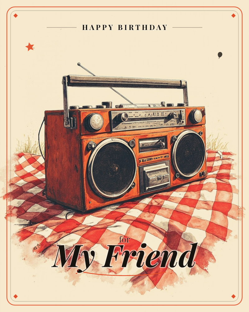 A vintage orange boombox sits on a red-and-white checked picnic blanket, its dual speakers and silver dials rendered in fine illustrative detail, a birthday e-card design