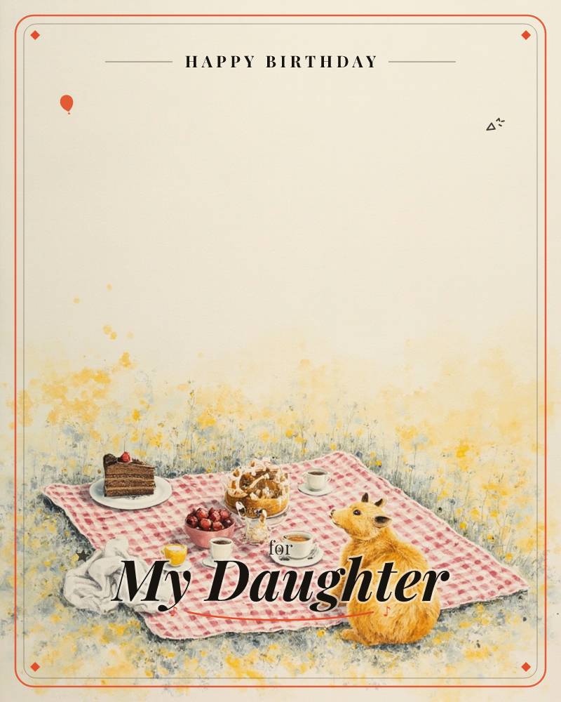 A red-and-white checked picnic blanket is spread in a meadow speckled with tiny yellow wildflowers, laid out with chocolate cake, strawberries, a…, a birthday e-card design