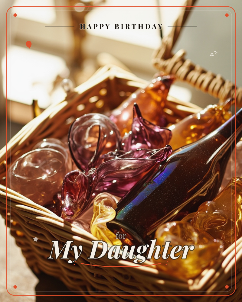 A woven wicker basket brims with hand-blown glass ornaments in amber, plum, and rose tones, their curved and teardrop shapes catching warm sunlight, a birthday e-card design