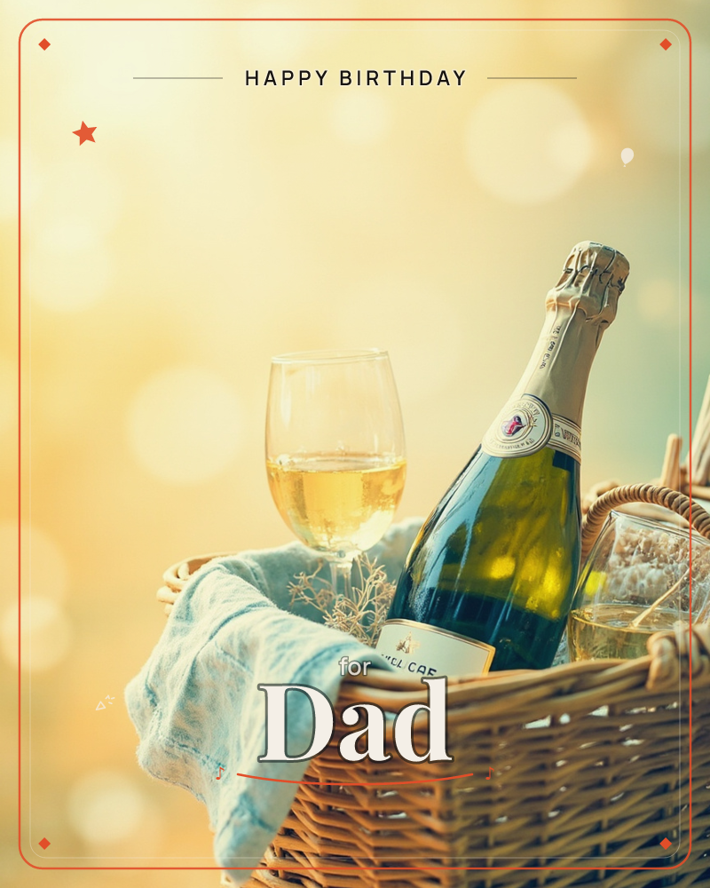 A photographic close-up shows a wicker picnic basket lined with a pale blue cloth, holding a bottle of sparkling wine and a filled glass, set against a…, a birthday e-card design
