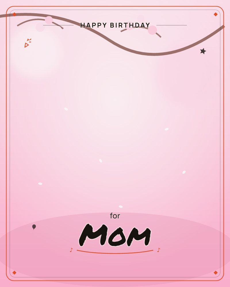 A softly glowing pink backdrop is crossed by a single wavy brown vine dotted with small round buds, with tiny pale petals drifting down through the…, a birthday e-card design by @DittyCityTeam