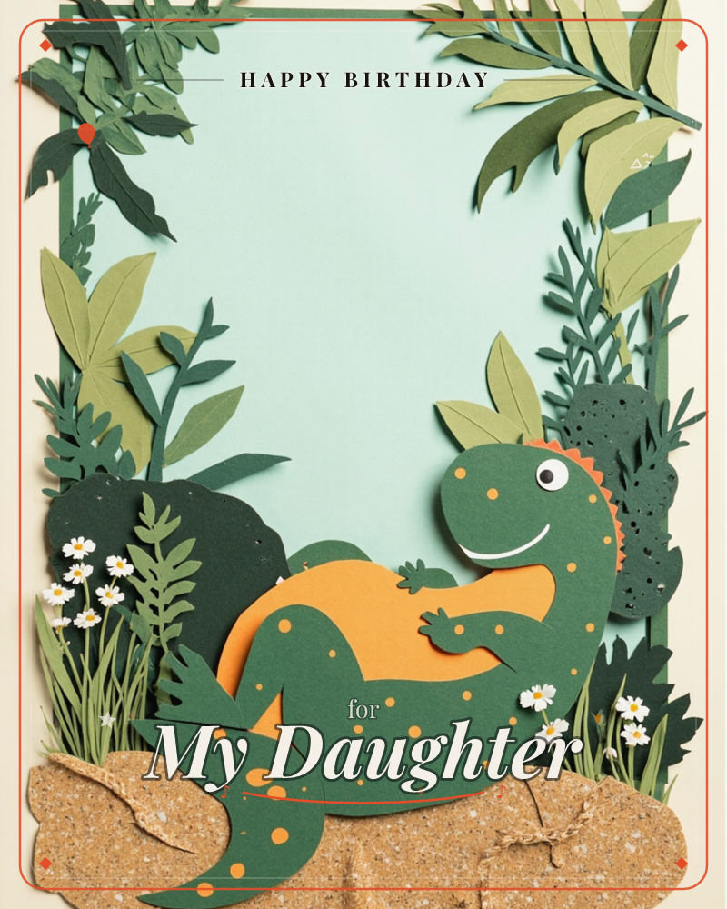 A cheerful paper-cut dinosaur reclines on a sandy rock, surrounded by a lush border of layered jungle leaves and small white daisies, a birthday e-card design