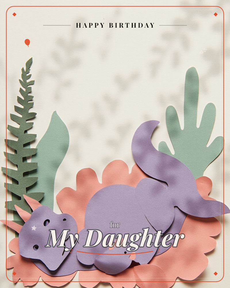 A paper-craft dinosaur in soft lilac curls among coral-pink scalloped foliage and layered green ferns, cut and assembled to cast real shadows on the…, a birthday e-card design