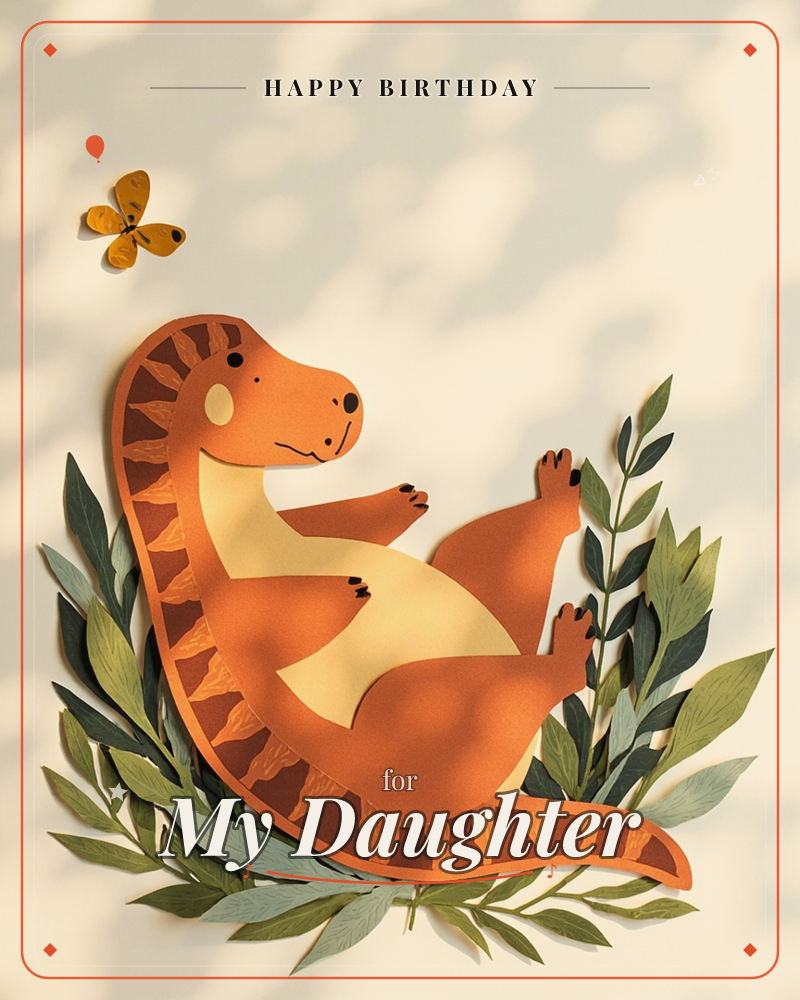 A cheerful paper-craft dinosaur lies back among cut-paper leaves, its rust-orange body and cream belly catching soft dappled light as if sunshine…, a birthday e-card design