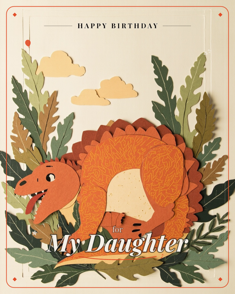 A layered paper-craft dinosaur stands amid cut-paper ferns and leaves, its orange textured hide topped with rust-red spiked plates and a cream belly…, a birthday e-card design