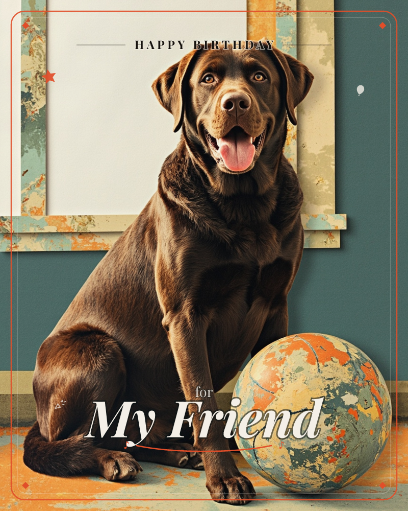 A chocolate labrador sits proudly against a teal wall with a distressed, paint-splattered picture frame, tongue out in a happy pant, a birthday e-card design