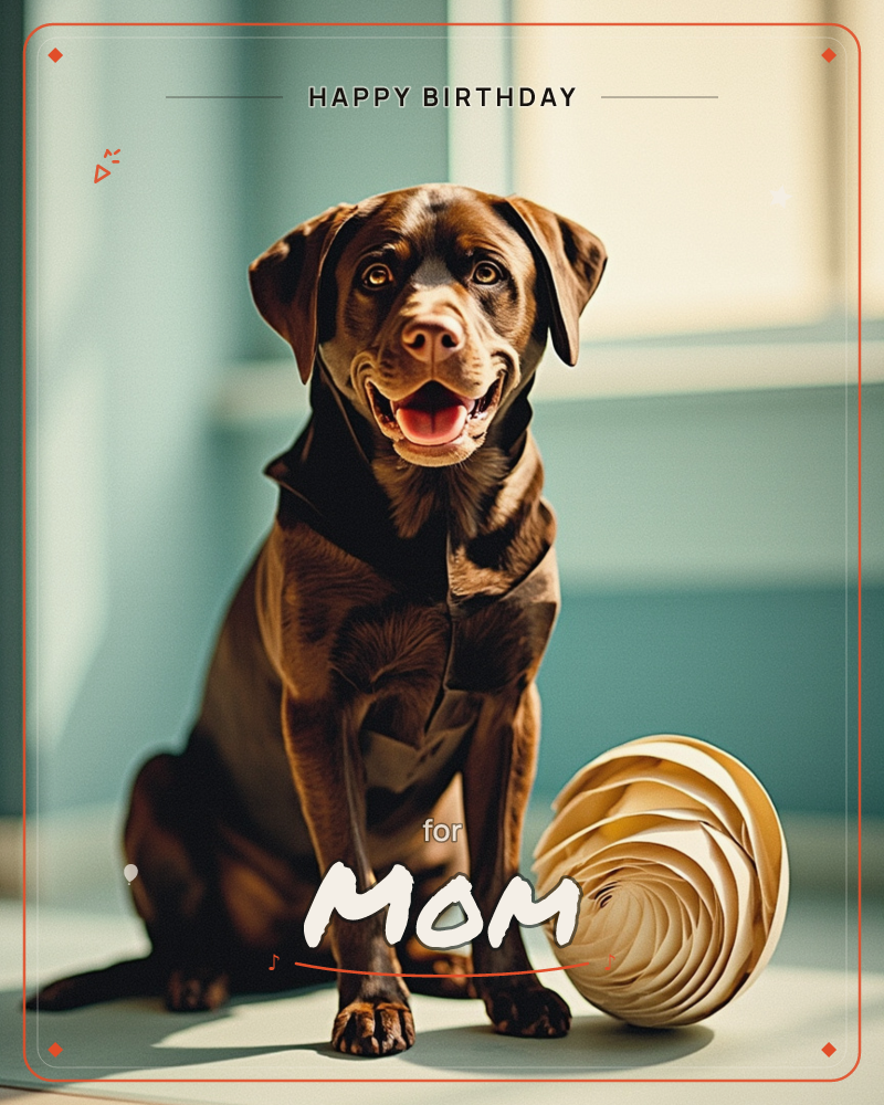 A chocolate-brown Labrador sits upright against a soft teal wall, mouth open in a happy pant, sunlight slanting through a window behind it, a birthday e-card design